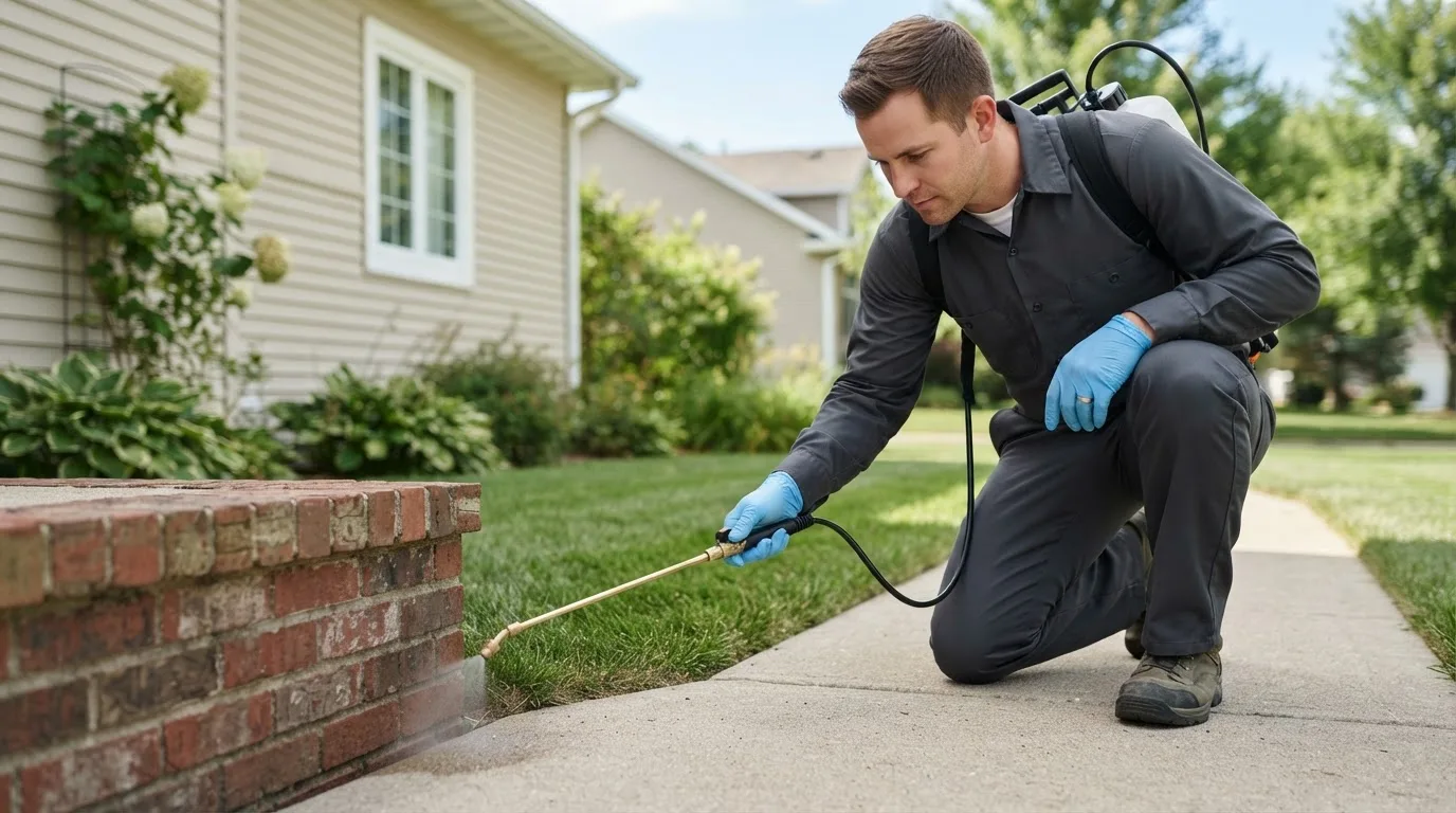 Pest control technician treating a home near Knott, TX